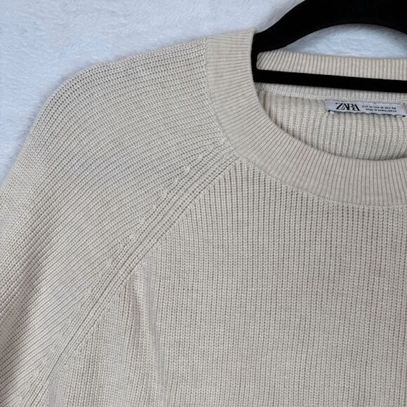 ZARA Men's Rib Knit Raglan Sweater Cream Crew Neck Size Medium - Picture 2 of 9